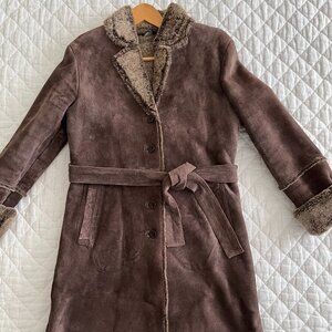 Express Penny Lane Brown Suede Leather Coat Jacket Lined with Faux Fur/Shearling